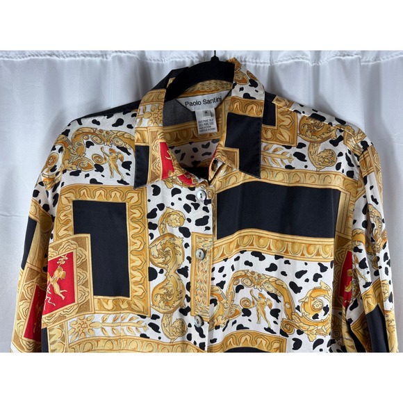 Paolo Santini 100% Pure Silk Vintage Abstract Print Button Up Shirt Womens 14 - Picture 2 of 7